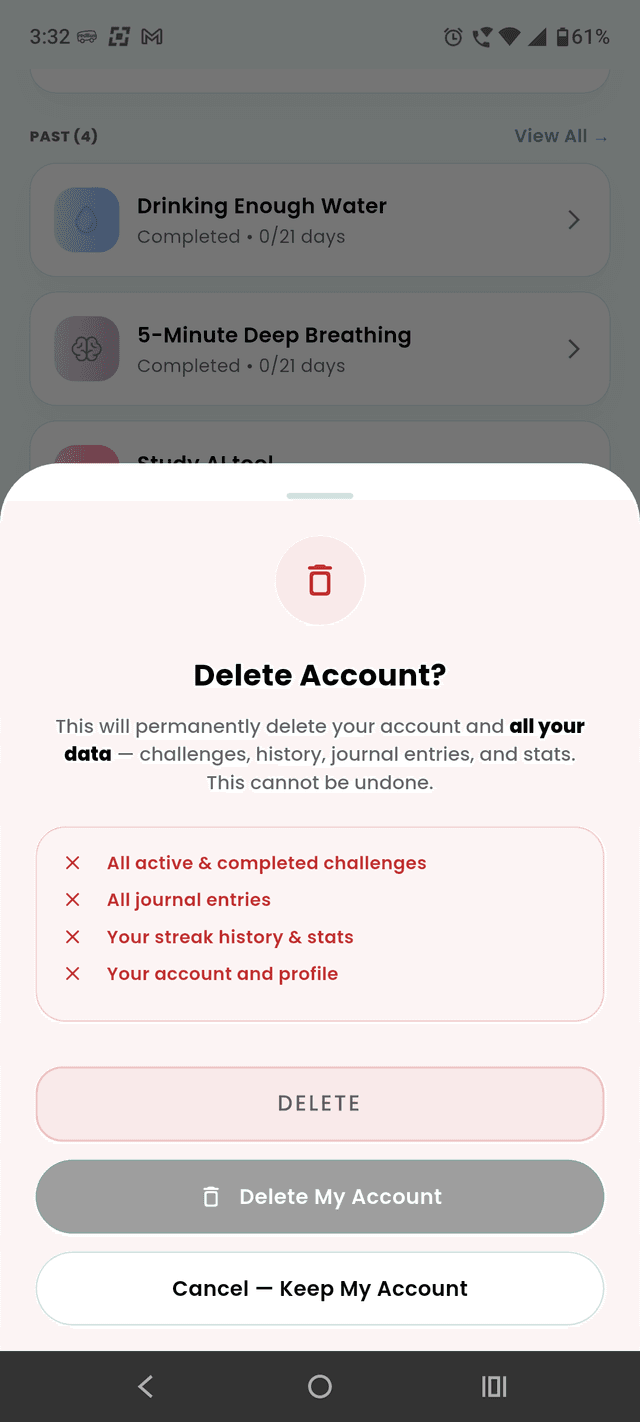 Confirmation sheet with the Delete My Account button highlighted in red