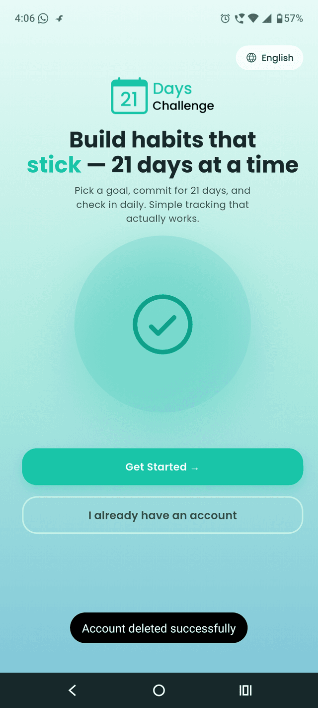 Welcome screen showing the Account deleted successfully toast